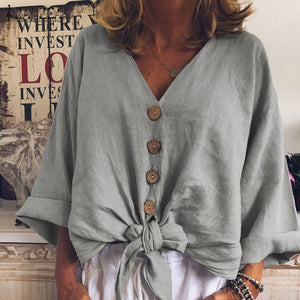 Casual Linen Button Down Knot Blouse