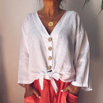 Casual Linen Button Down Knot Blouse