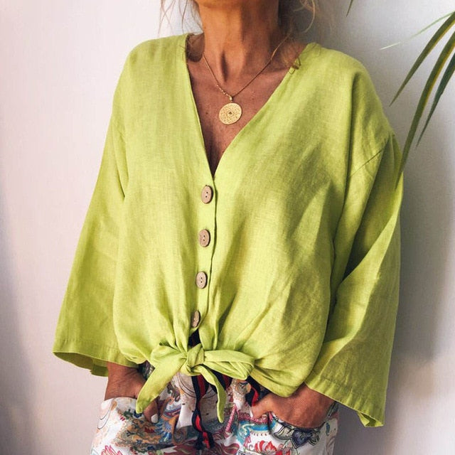 Casual Linen Button Down Knot Blouse